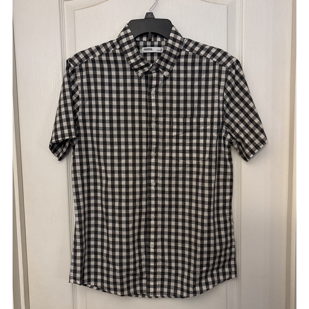 Mens SONOMA Plaid Black Button Down‎ Short Sleeve Shirt Small